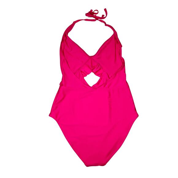 Aerie Ruffle One-Piece Full Coverage Halter Swimsuit Bright Neon Pink Large - Picture 6 of 11